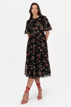 Платье средней длины с рукавами-фонариками и цветочным мотивом Lovedrobe, черный