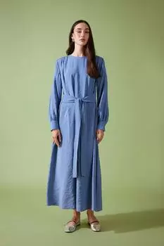 Платье стандартного кроя с круглым вырезом и длинными рукавами DeFacto, синий