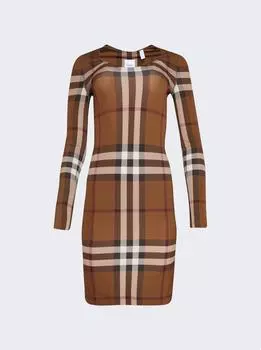 Платье-стрейч в клетку с длинными рукавами Burberry, цвет dark birch brown