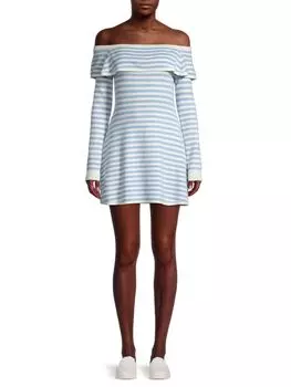 Платье-свитер English Factory полосатое с открытыми плечами, голубой/белый