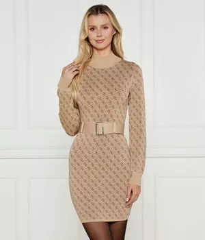 Платье-свитер Guess Jeans с фирменным принтом и поясом, бежевый