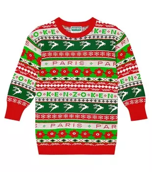 Платье-свитер интарсии из смесового хлопка Kenzo Kids, красный