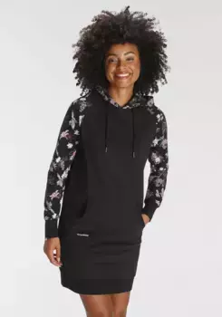 Платье-свитер KangaROOS с принтованными рукавами реглан и капюшоном, черный