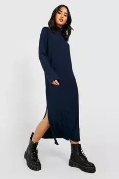 Платье-свитер миди с высоким воротом в резинку Boohoo, нави