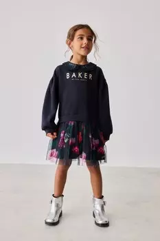 Платье свитер с цветочным принтом и оборками на воротнике из пайеток Baker By Ted Baker, синий