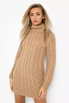 Платье-свитер с объемным касальным вырезом Boohoo, кэмел