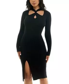 Платье-свитер с перекрученным вырезом и вырезом BCX, черный