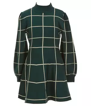 Платье-свитер в клетку с длинными рукавами для больших девочек 7–16 лет «Маки и розы» Poppies and Roses, зеленый