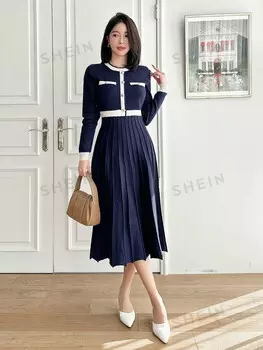 Платье-свитер Женское, круглый вырез, Длинные рукава Dazy, темно-синий