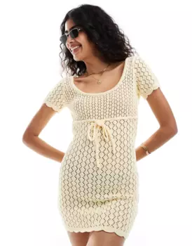 Платье The Frolic Mango Cross Tie Detail Open Back Mini Crochet Beach, бледно-желтый