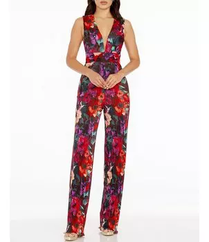 Платье The Population Плиссированный комбинезон без рукавов с глубоким вырезом и v-образным вырезом с цветочным принтом и широкими штанинами Dress the Population, мультиколор