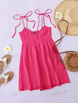 Платье тканое Shein WYWH на тонких бретельках с завязками, ярко-розовый