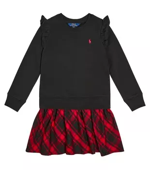 Платье-толстовка в клетку из смесового хлопка Polo Ralph Lauren Kids, черный