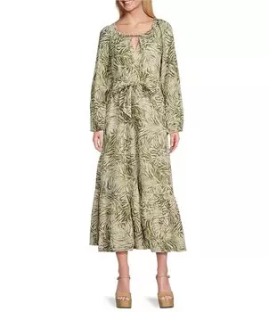 Платье Tommy Bahama с разрезом и V-образным вырезом, длинными рукавами епископа, зеленый