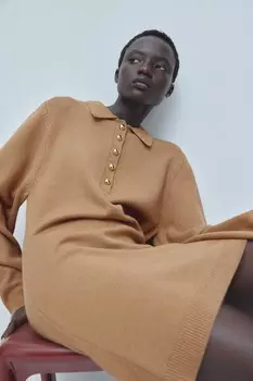Платье тонкой вязки с воротником H&M, бежевый