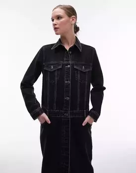 Платье Topshop Denim Half Button Up Maxi, черный