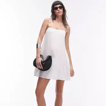 Платье Topshop Floral Strappy Linen Mini, серовато-белый