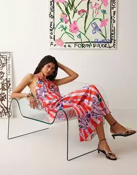 Платье Topshop из атласа с вырезом халтер в розово-красных полосках