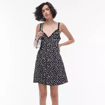 Платье Topshop Lace Trim Pin Tuck Bust Mini In Mono Spot, черный/белый
