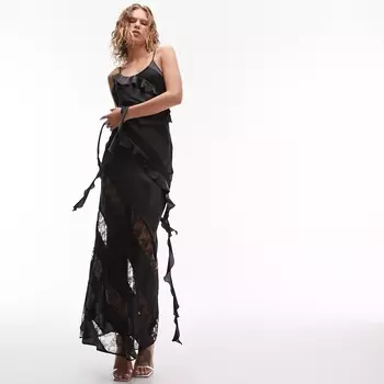 Платье Topshop Ruffle And Lace Detail Slip, черный
