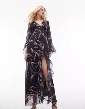 Платье Topshop Ruffle Georgette Midi In Feather Print, мультиколор