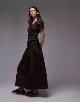 Платье Topshop с рукавами-крылышками, присборенным лифом, завязками по бокам, коричневого цвета с контрастными черными завязками