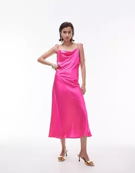 Платье Topshop Shoulder-bound Midi With Draped Neckline, фуксия