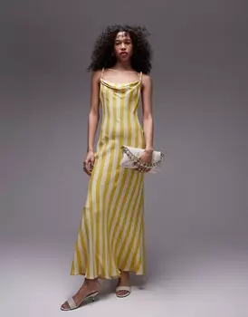 Платье Topshop Striped Premium Midi With Straps Decorated With Beads, желтый