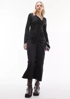 Платье Topshop Super Soft Ruched Front Long Sleeve Midi, черный