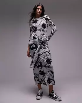 Платье Topshop Tie Detail Mesh Midi, серый