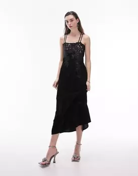Платье Topshop Velvet And Lace Midi Slip, черный