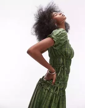 Платье Topshop в зеленую клетку с присборенными рукавами и завязками по бокам