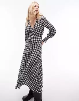 Платье Topshop Zip Front Textured Check Midi, черный, белый