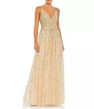 Платье трапециевидной формы без рукавов с пайетками Mac Duggal и V-образным вырезом с запахом, бежевый