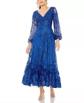 Платье трапециевидной формы из декорированной сетки Mac Duggal с пышными рукавами, синий