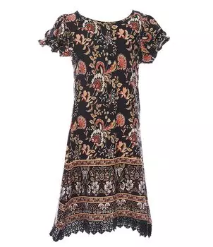 Платье трапециевидной формы с развевающимися рукавами и каймой для больших девочек 7–16 лет Rare Editions, черный