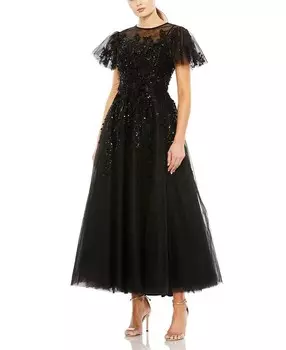 Платье трапециевидной формы с развевающимися рукавами и бантом на талии Mac Duggal, черный