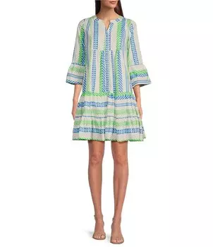 Платье трапециевидной формы с рукавами-колоколами 3/4 и пуговицами спереди Calessa, с V-образным вырезом и геометрической полосой, полосками спереди, мультиколор