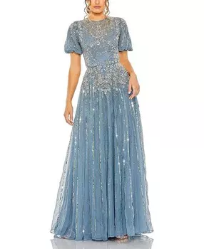 Платье трапециевидной формы с высоким воротником и пышными рукавами Mac Duggal, синий