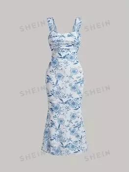 Платье трапециевидной формы Shein Mod с цветочным принтом, синий