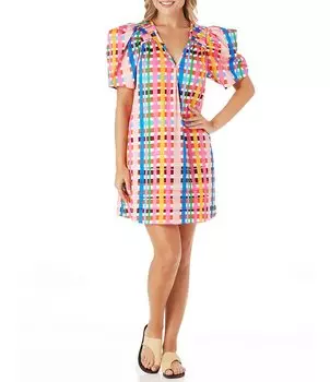 Платье-трапеция CROSBY by Mollie Burch Emilia с V-образным вырезом и короткими рукавами-фонариками, мультиколор