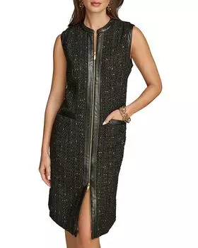 Платье-трапеция из искусственной кожи и твида Donna Karan, черный