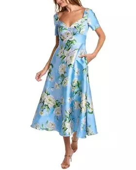 Платье-трапеция из микадо с принтом Theia, синий