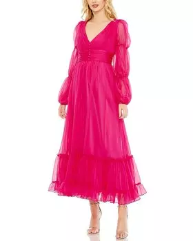 Платье-трапеция из шифона Mac Duggal с многоярусными рукавами-фонариками и сборками, розовый