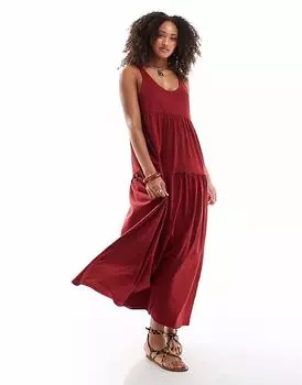 Платье-трапеция макси ASOS DESIGN с глубоким вырезом и ярусами в бордовом цвете
