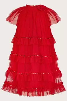 Платье трапеция с бантом из пайеток и оборками Monsoon, красный
