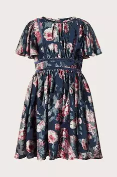 Платье трапеция с цветочным принтом и рукавами крылышками Monsoon, синий
