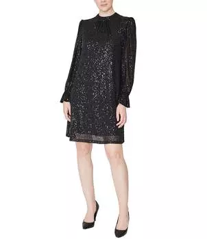 Платье-трапеция с длинными рукавами и воротником-стойкой Julia Jordan с пайетками, черный