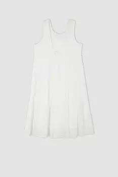 Платье-трапеция с круглым вырезом из вуали макси без рукавов с короткими рукавами DeFacto, белый