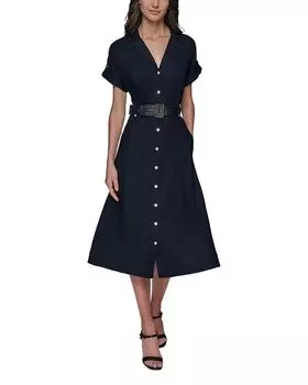Платье-трапеция с поясом и застежкой на пуговицах KARL LAGERFELD PARIS, синий